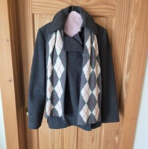 J Crew Grey Wool Double Breasted  Pea Coat With Cashmere Argyle Scarf Size Large